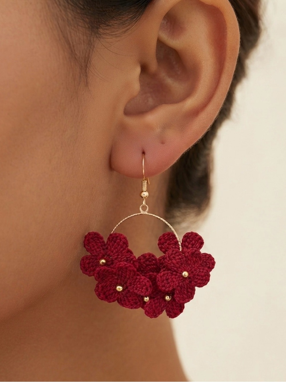 Micro Crochet dark red flower earrings
